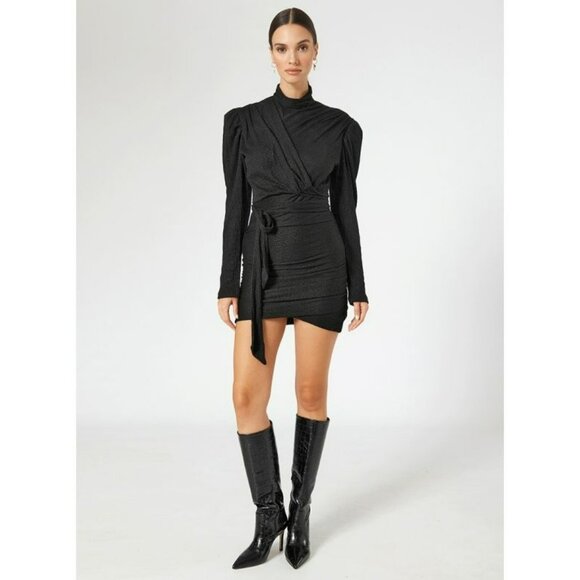 Sabina Musayev Black Metallic Ruched Dress Long Sleeve Party Holiday Fun Sexy - Picture 1 of 16